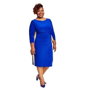 Kasper Plus Size Laurissa Side-Striped 3/4-Sleeve Dress NWT Blue/Gold
